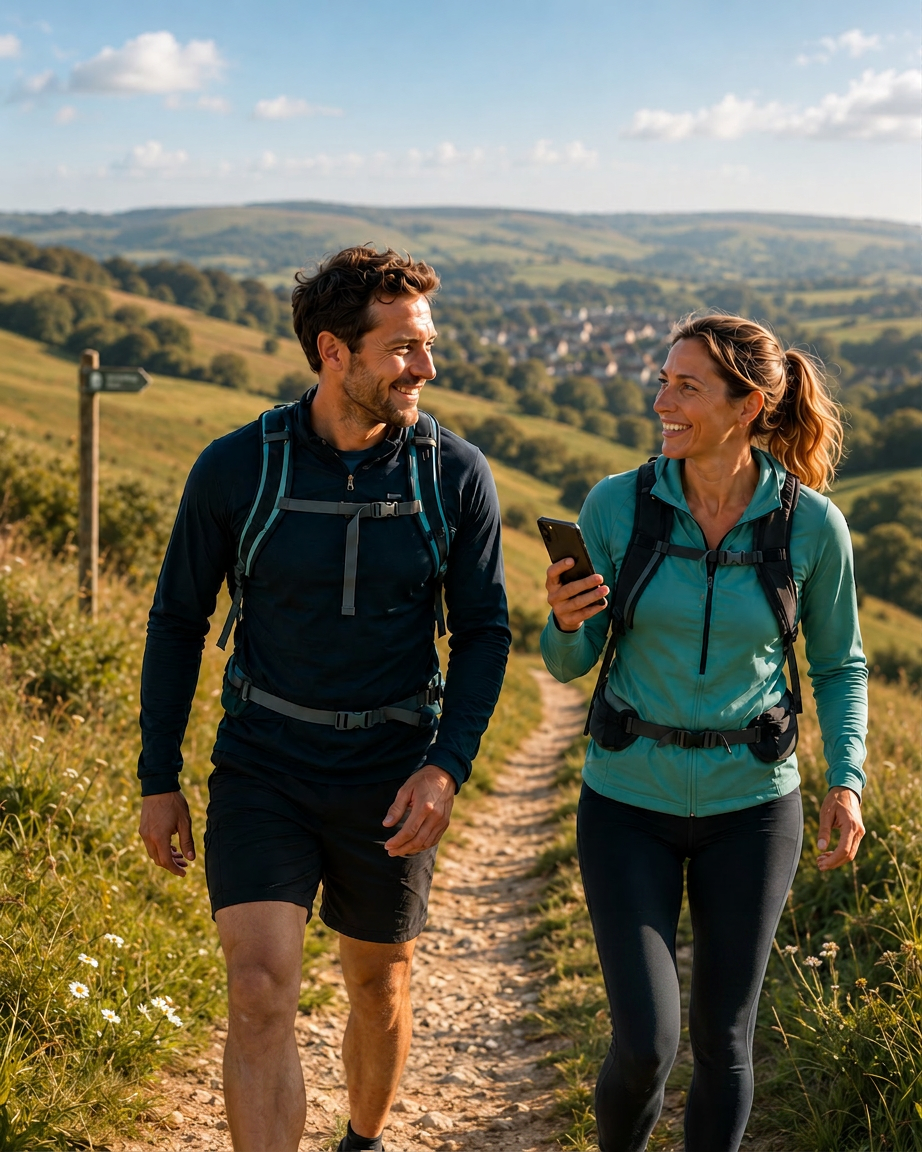 Trail runners on the South Downs Way with rolling Hampshire hills behind
