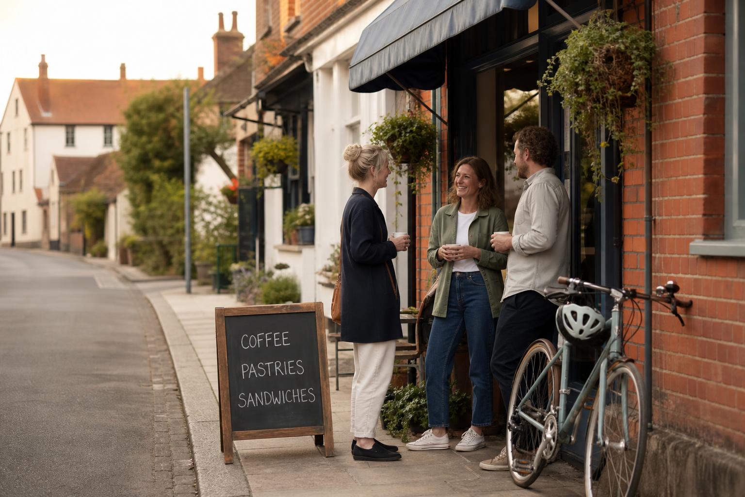 Friends chatting outside an independent village café